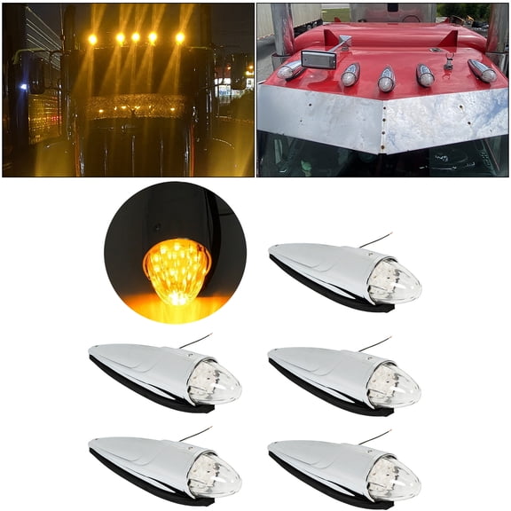 5PCS 17 LED Chrome Clear Torpedo Cab Marker Roof Running Top Lights Assembly Super Bright Heavy Duty Trucks Replacement for Volvo International Kenworth Peterbilt Freightliner Mack