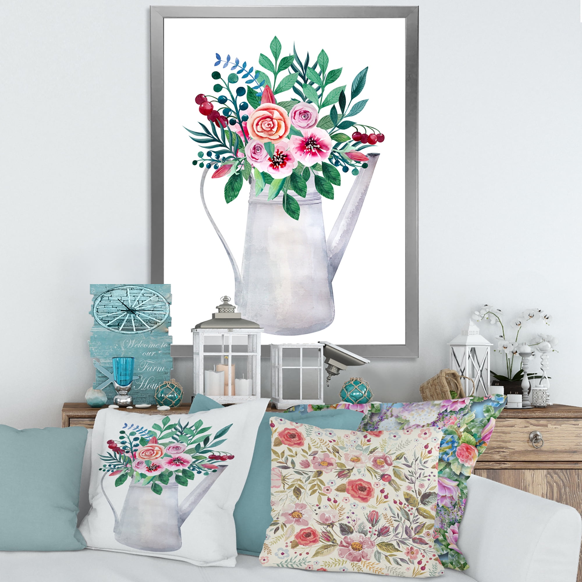 Bouquets of Flowers In Rustic Flowering Pot With Berries 30 in x 40 in Framed Painting Canvas Art Print, by Designart