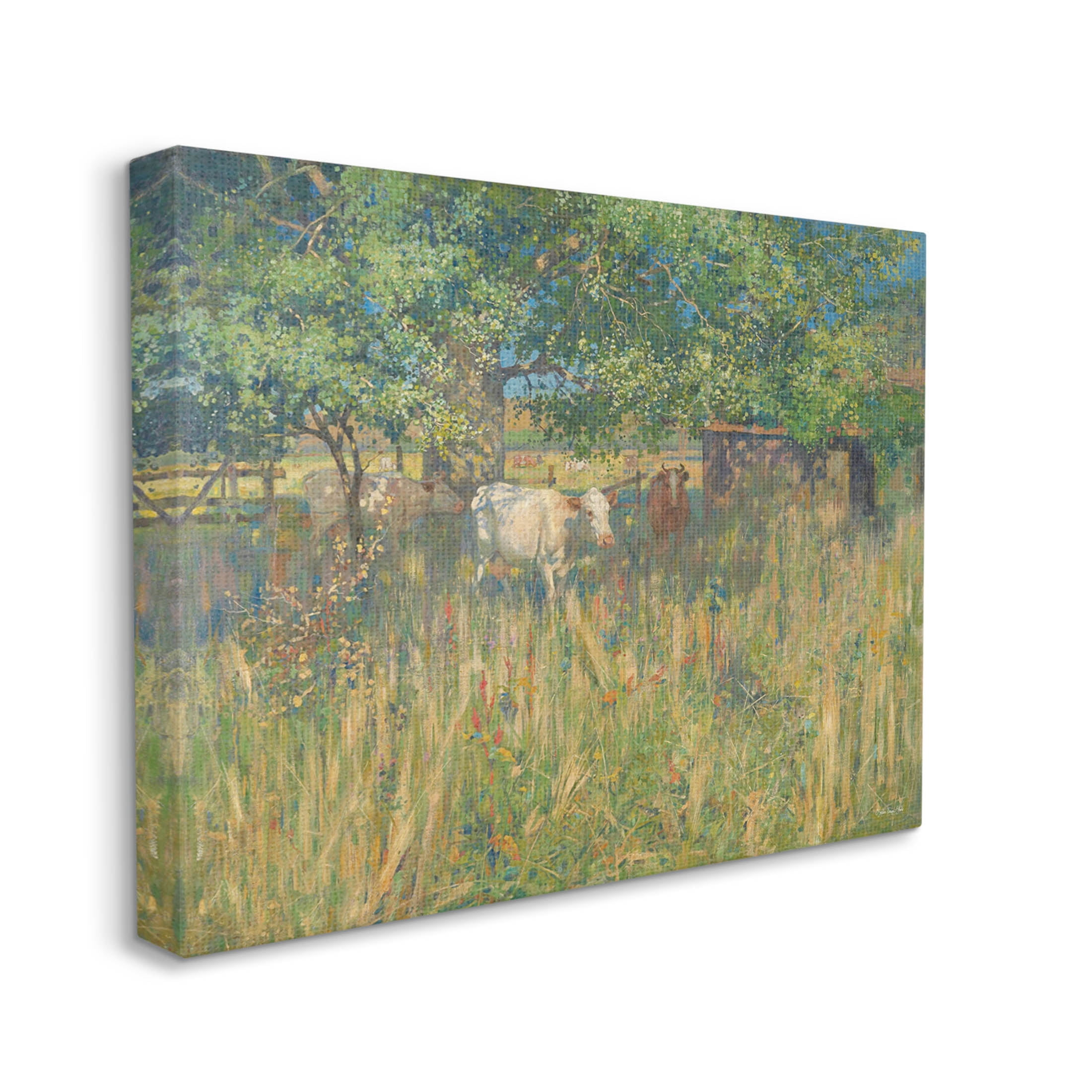 Cattle Grazing Grassland Pasture Landscape Painting Gallery Wrapped Canvas Print Wall Art