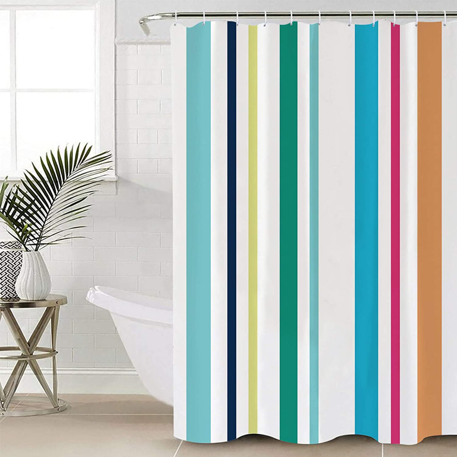 WATER REPELLENT SHOWER/BATH ROOM CURTAIN WITH STRIPES MANY COLOURS WITH 12 HOOKS 