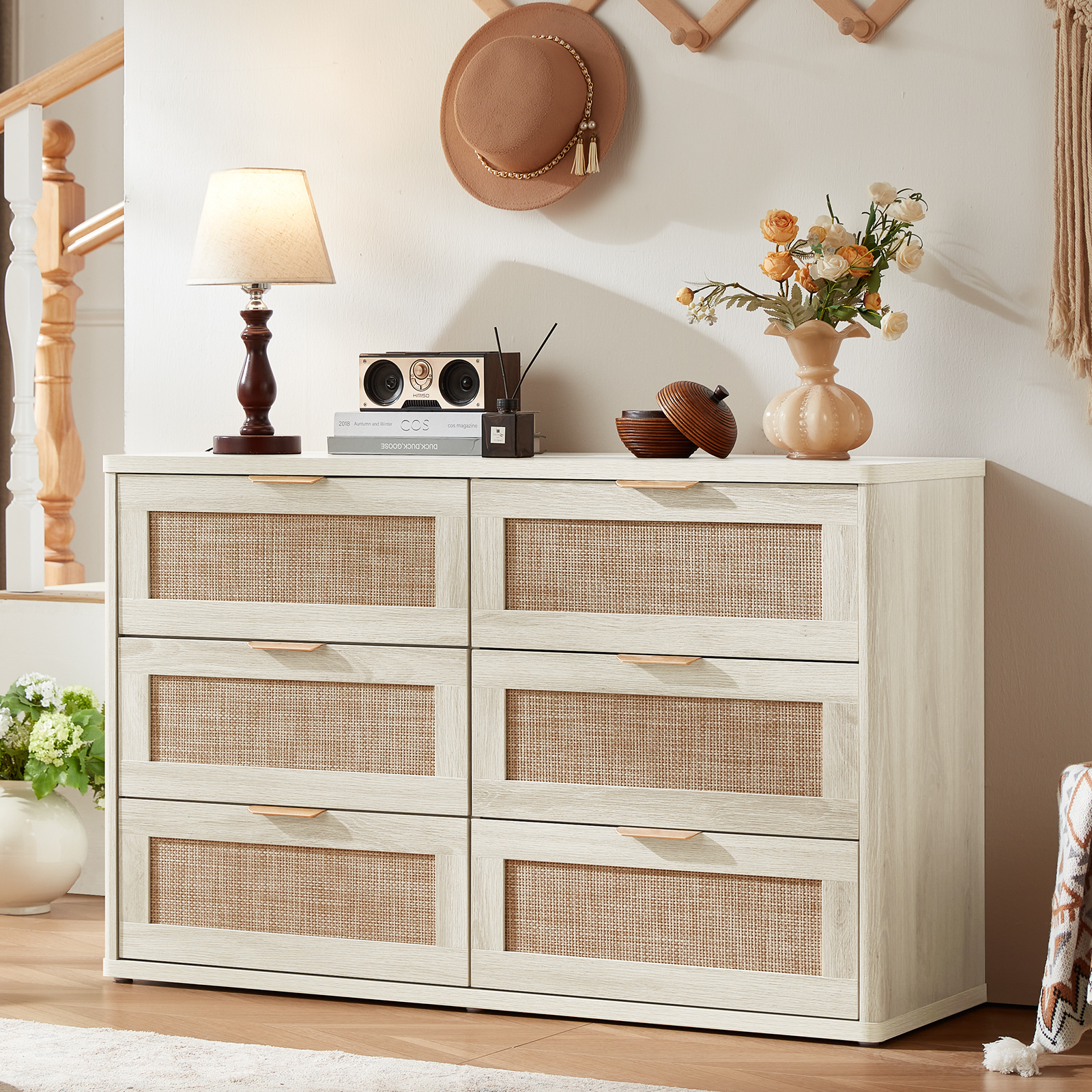 LELELINKY White Dresser,6 Drawer Dresser for bedroom, Boho Wood Storage Cabinet for Living Room