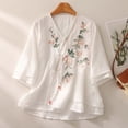 thumbnail image 2 of Comfy Soft Cotton Top Work Office Y2K Button Down Shirt Summer Outfits for Women Lightweight Short Sleeve Floral Blouses Chic Short Sleeve Blouse Breathable Vacation Embroidered Top, 2 of 3