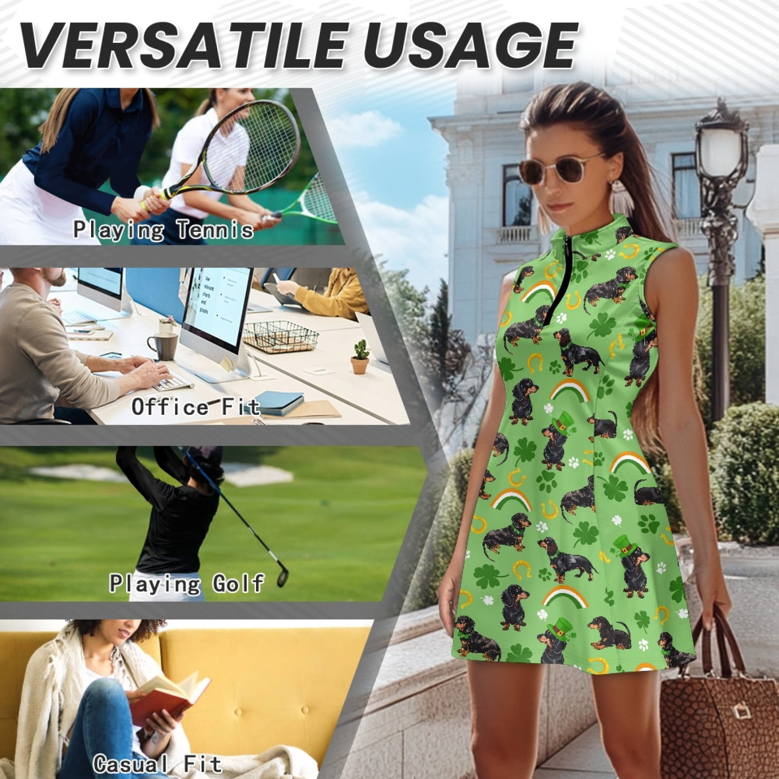 COEQINE Dachshund Shamrock Paw Print Horseshoe Pattern Women's Golf Dress for St. Patrick's Day Sleeveless Stand Collar Athletic Dresses with Built in Shorts and Pockets, XL