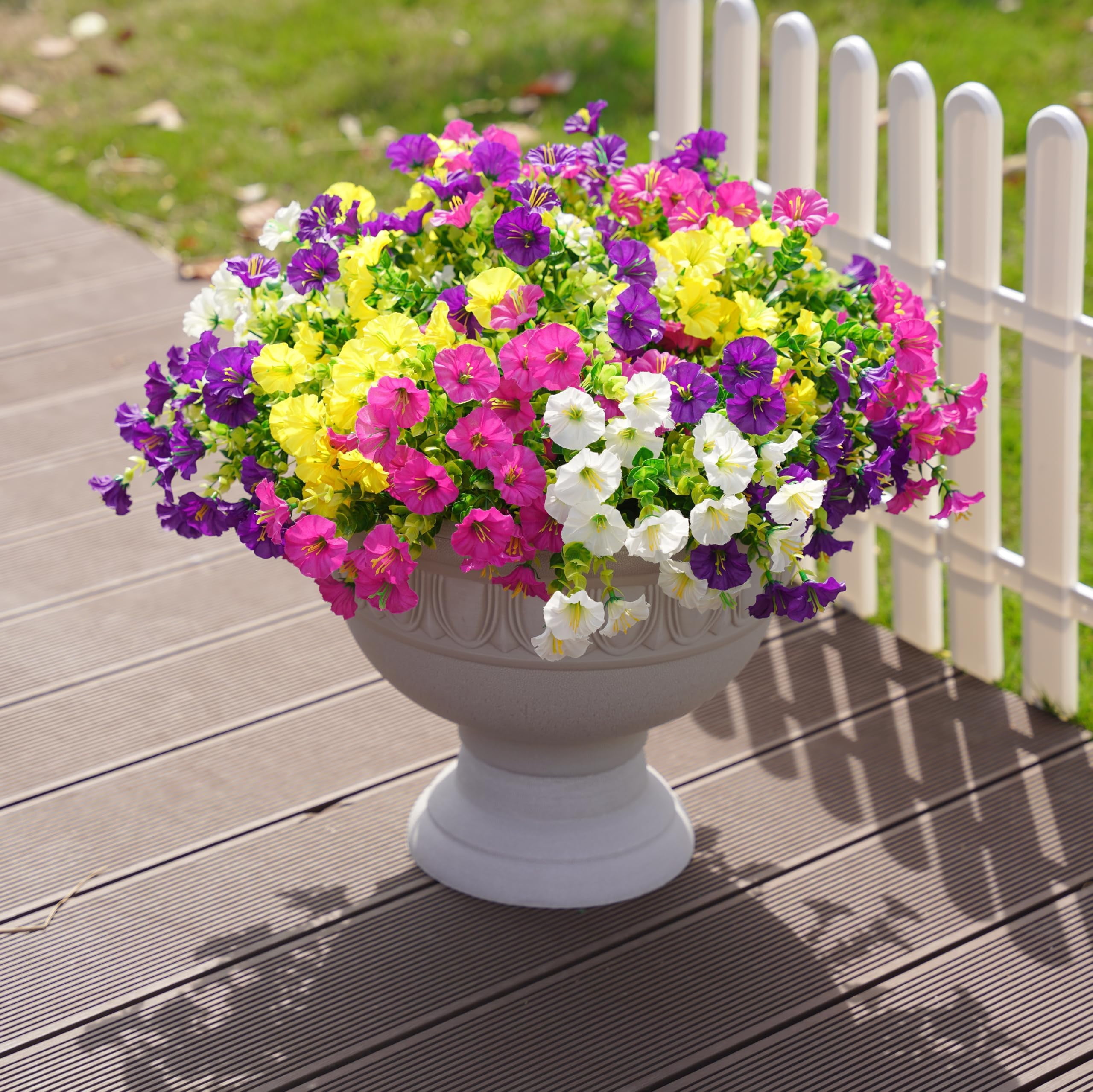 Artificial Outdoor Flowers Fake Plants for Spring Summer Decoration,12 Bundles Silk Morning Glory Eucalyptus