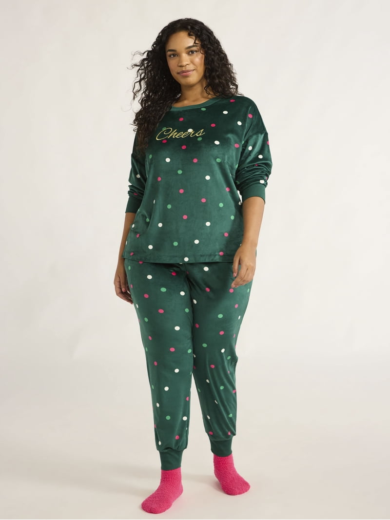 Joyspun Women's Stretch Velour Pajama Set with Socks, 3-Piece
