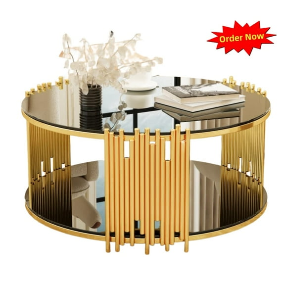 Tcbosik 36" Round Coffee Table with Glass Top, 2-Tier Cocktail Table with Open Shelf, Modern Center Table with Stainless Steel Frame for Living Room, Black