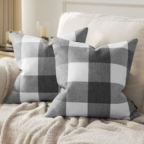 Pack of 2 Gingham Buffalo Check Plaid Throw Decorative Pillow Cover Outdoor Indoor Throw Pillows Farmhouse Square Pillow Cases for Home Decor Grey,18 x 18 Inches