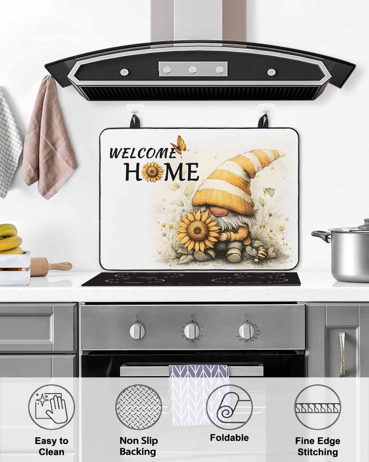 nqOlkjepod Large Induction Cooktop Protector Mat 24"x21", Yellow Gnomes Stove Top Covers for Electric Stove, Sunflower Bee Pastoral Botanical Retro Stove Burner Cover Mats, Glass Top Stove Cover