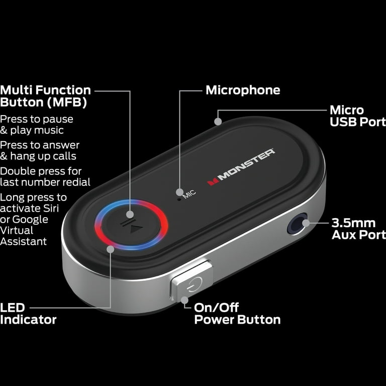 Monster LED Bluetooth Audio Receiver, Speak Through Your Vehicle’s  Speakers, Voice Activation, Built-in Microphone