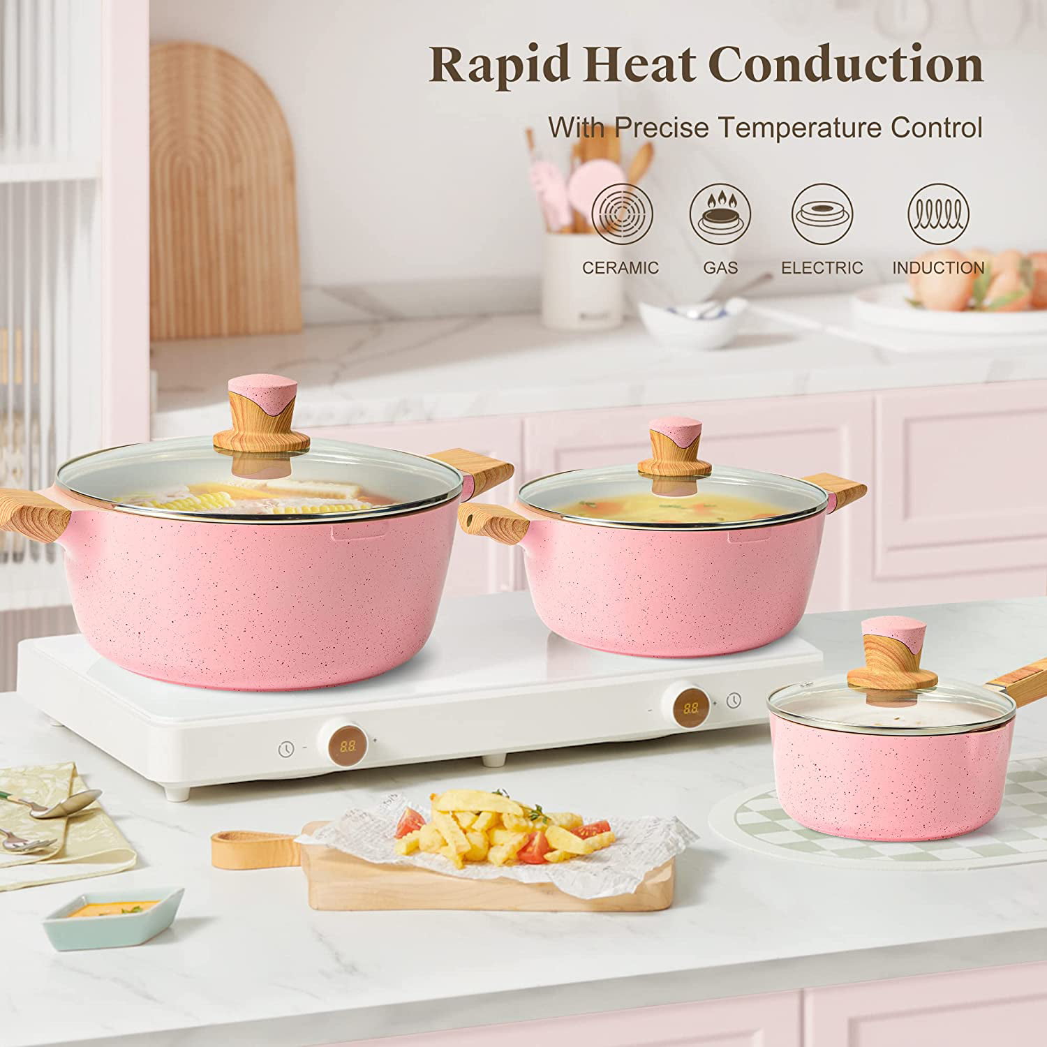 Pink Pots And Pans Set Nonstick Induction Kitchen Cookware Set Cooking Sets  6 Pcs With Frying Pan Granite Stone Bakelite Wood - Cookware Sets -  AliExpress