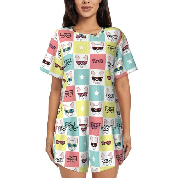 Balery Cute French Bulldog Conjunto de Pijama para Mujer con Estampado, Dos Piezas de Manga Corta y Shorts, Ropa de Dormir Suave con Cuello Redondo y Bolsillos-XX-Large