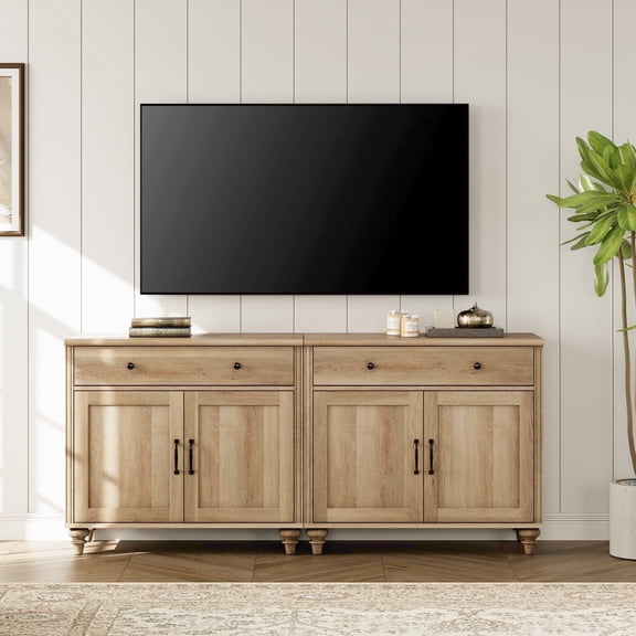 WAMPAT Large TV Stand for 75 inch TV with 4 Doors and 2 Drawers, Wood Universal TV Console Table with Storage Cabinets, Entertainment Center TV Console Table for Living Room & Bedroom, Oak