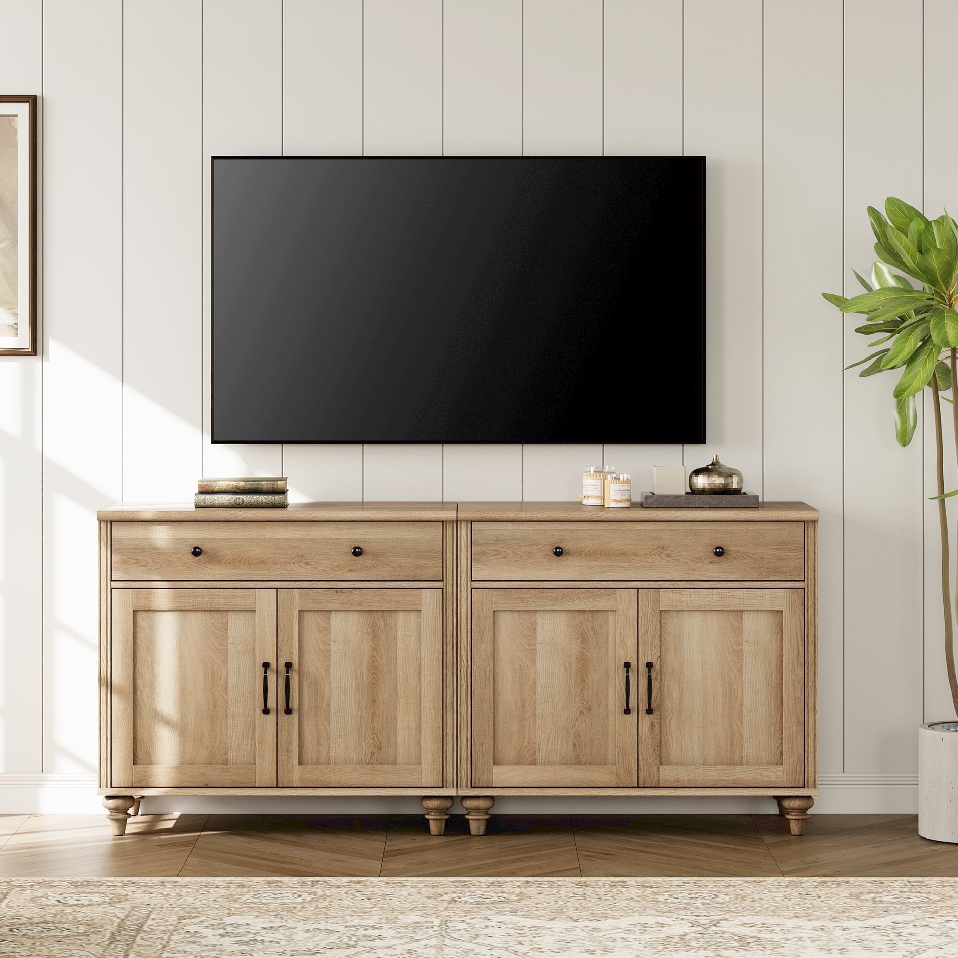 WAMPAT Large TV Stand for 75 inch TV with 4 Doors and 2 Drawers, Wood Universal TV Console Table with Storage Cabinets, Entertainment Center TV Console Table for Living Room & Bedroom, Oak