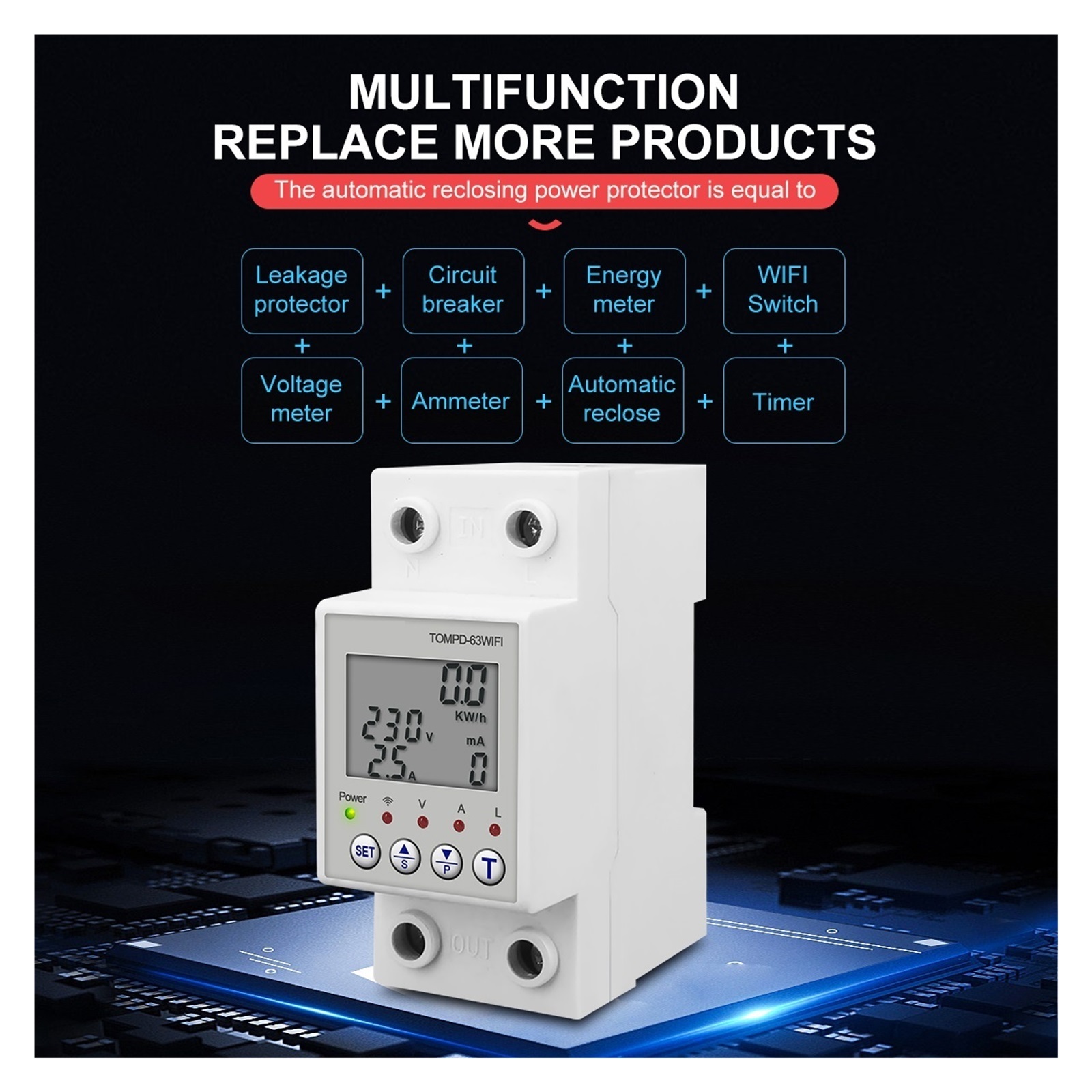 Multi-Functional Smart WiFi Circuit Breaker, with Current and Voltage Leakage Protection 63A