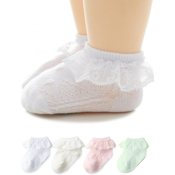 CAILDANL Newborn Baby Girls Lace Socks for Infant Ruffle Eyelet Princess, Cotton, 4 Pack