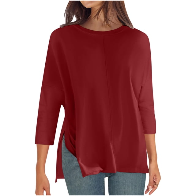 Dealovy T-Shirts à Manches 3/4 pour Femmes Col Rond Couleur Unie Décontracté Ample Été Confortable