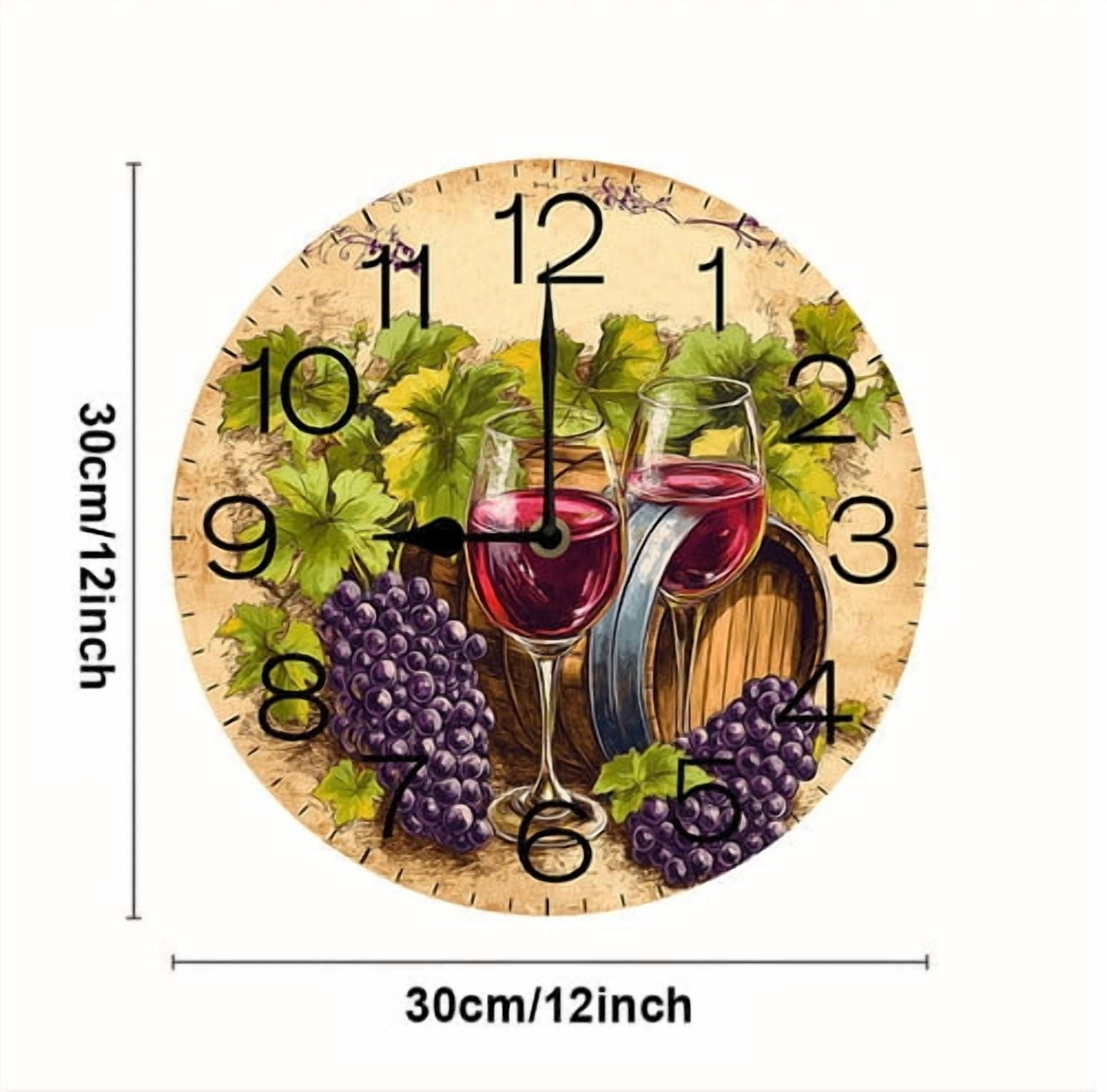 Eveokoki Wall Clock Wine Grape Wood Battery Operated Silent Non-Ticking Clock Decorative for Home Kitchen Living Room Office Bathroom Bedroom 10 Inch