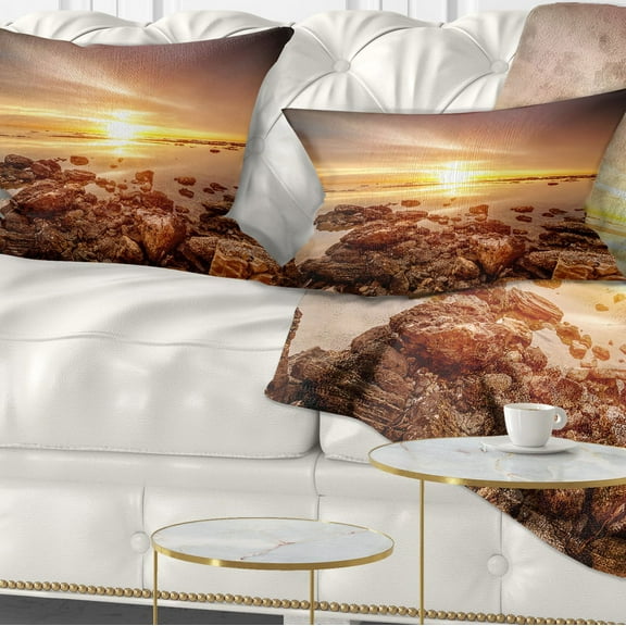 Designart Beautiful Sunset Over Rocky Beach - Seashore Throw Pillow - 12x20