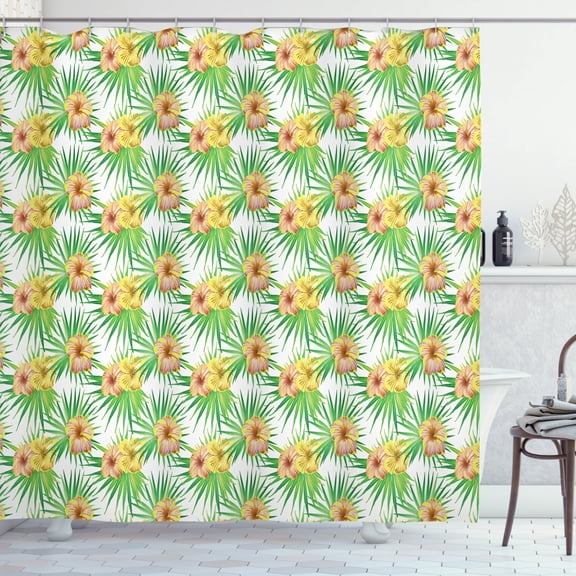 Hibiscus Shower Curtain, Equatorial Botany Leaves Delicate Flowers Pattern, Fabric Bathroom Set with Hooks, 69W X 75L Inches Long, Pale Coffee Pastel Yellow Lime Green Green, by Ambesonne