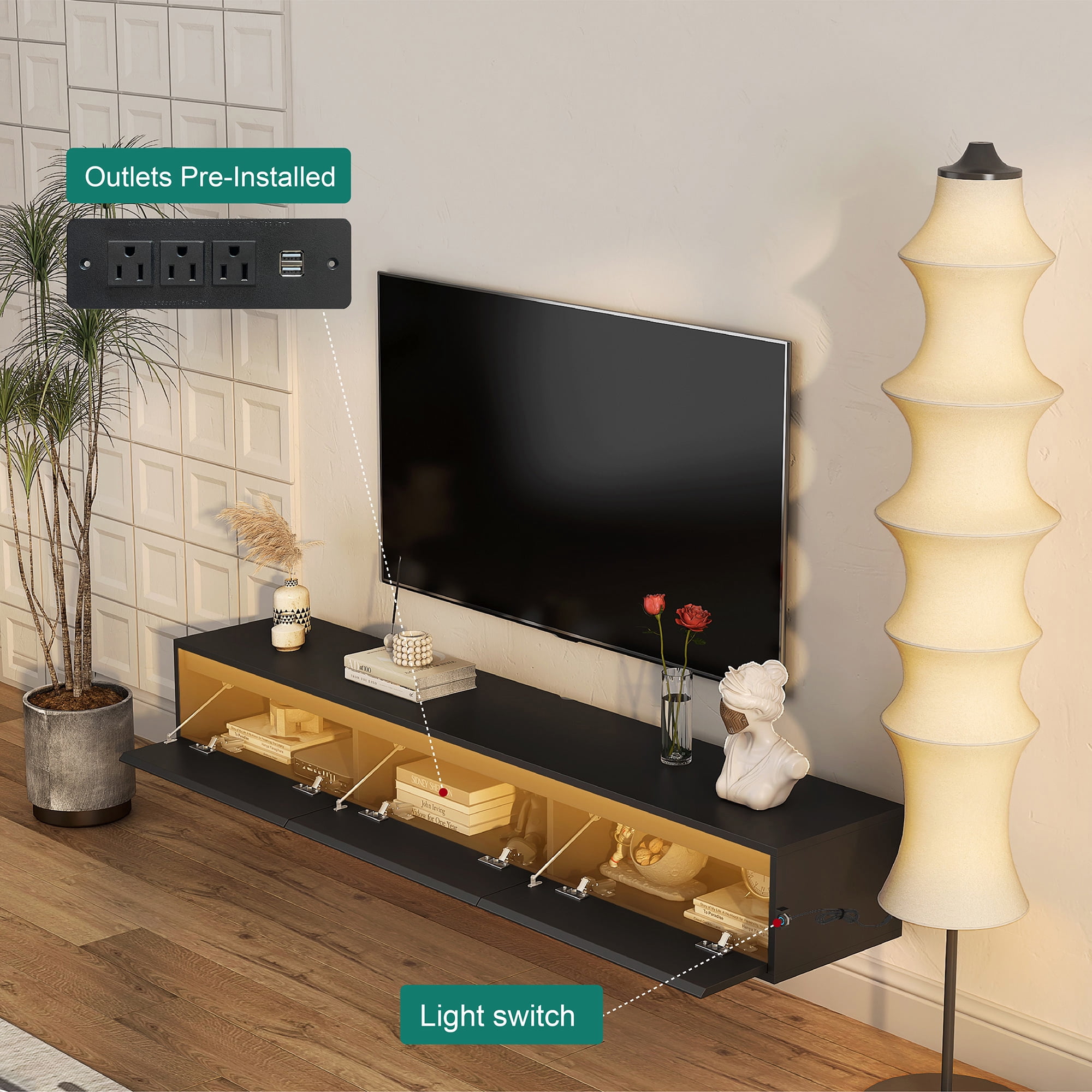 Aukfa Floating TV Stand for TVs up to 65" 70",Wall Mounted TV Shelf High Gloss TV Cabinet,Black