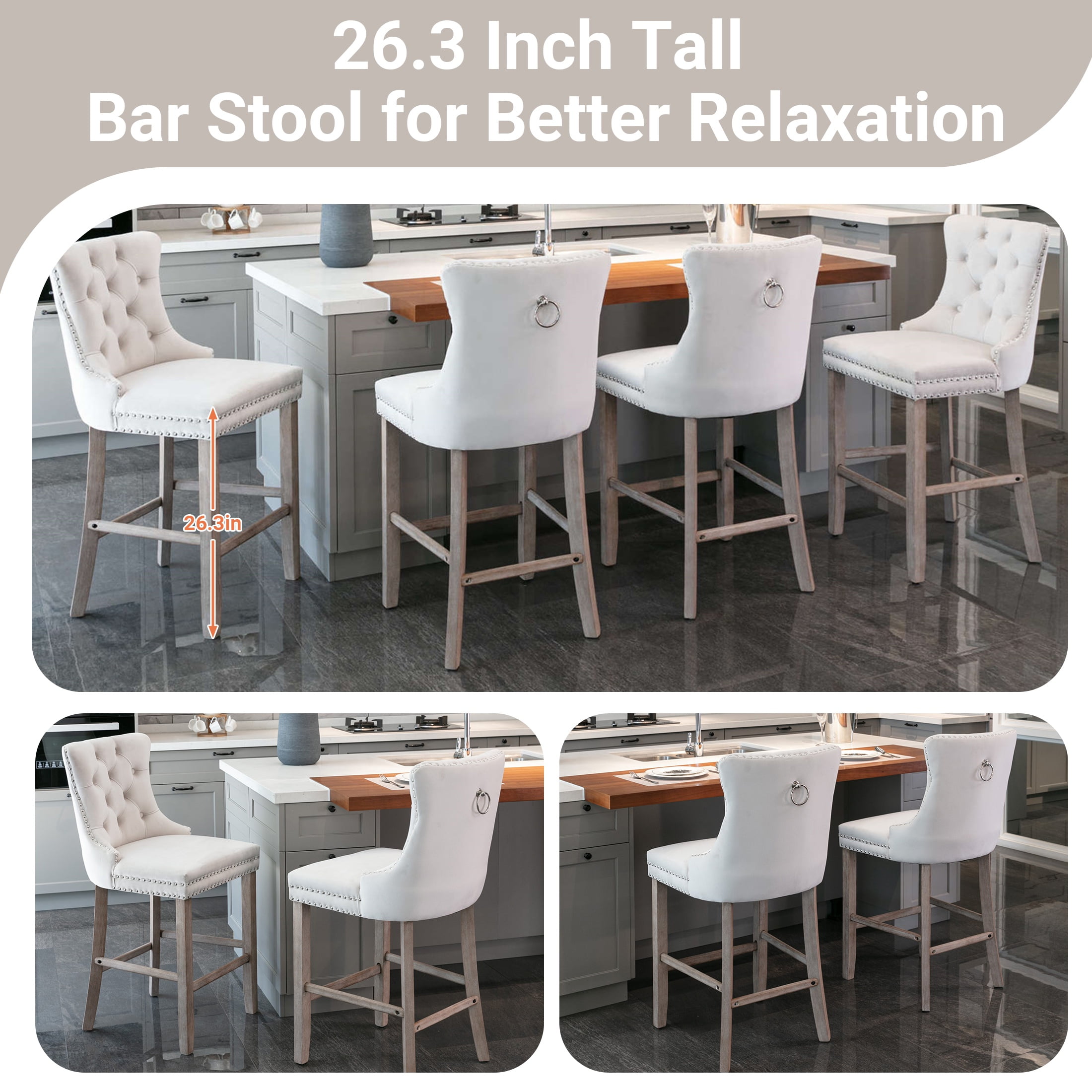 Bar Stools Set of 4, PAPROOS Velvet Bar Stool with Back, Solid Wood Frame & Nailhead Trim, Counter Height Bar Chair Button Tufted Upholstered Seat, Full Back Bar Stools, Beige