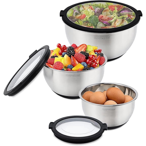Rorence 3 Pack Mixing Bowls Set with Transparent Lids, Non-slip Silicone Base Stainless Steel Meal Prep Bowls for Kitchen Serving Baking Cooking, 1.5/3/5 QT