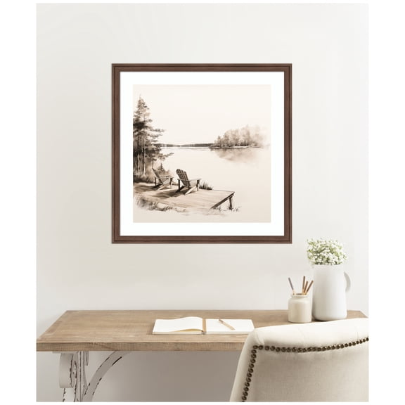 Kate and Laurel Framed Wall Art Print Abstract Sketch Of Adirondack Chairs by The Creative Bunch Studio, 26 x 26, Florence Medium Brown Frame, Rustic Farmhouse, Landscape Art for Wall Decor