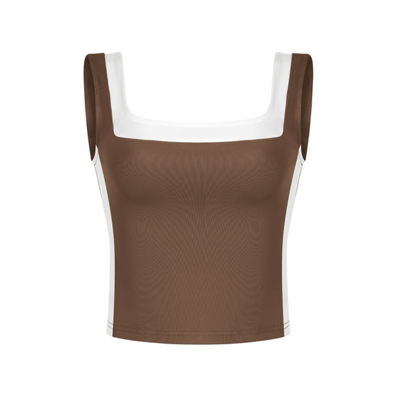 ATHLECHIC Top de tanque corto ajustado para mujer, con escote cuadrado y bloque de color, camisón deportivo para verano, 2XL, marrón