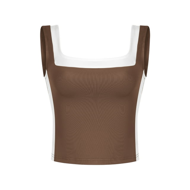 ATHLECHIC Top de tanque corto ajustado para mujer, con escote cuadrado y bloque de color, camisón deportivo para verano, 2XL, marrón