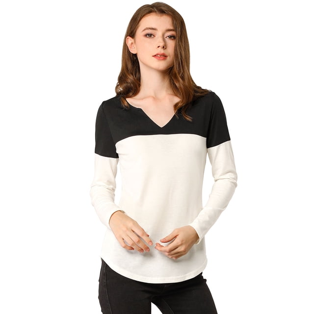 Camiseta De Manga Larga Con Cuello En V Y Henley Dividida Para Mujer Blanco negro M