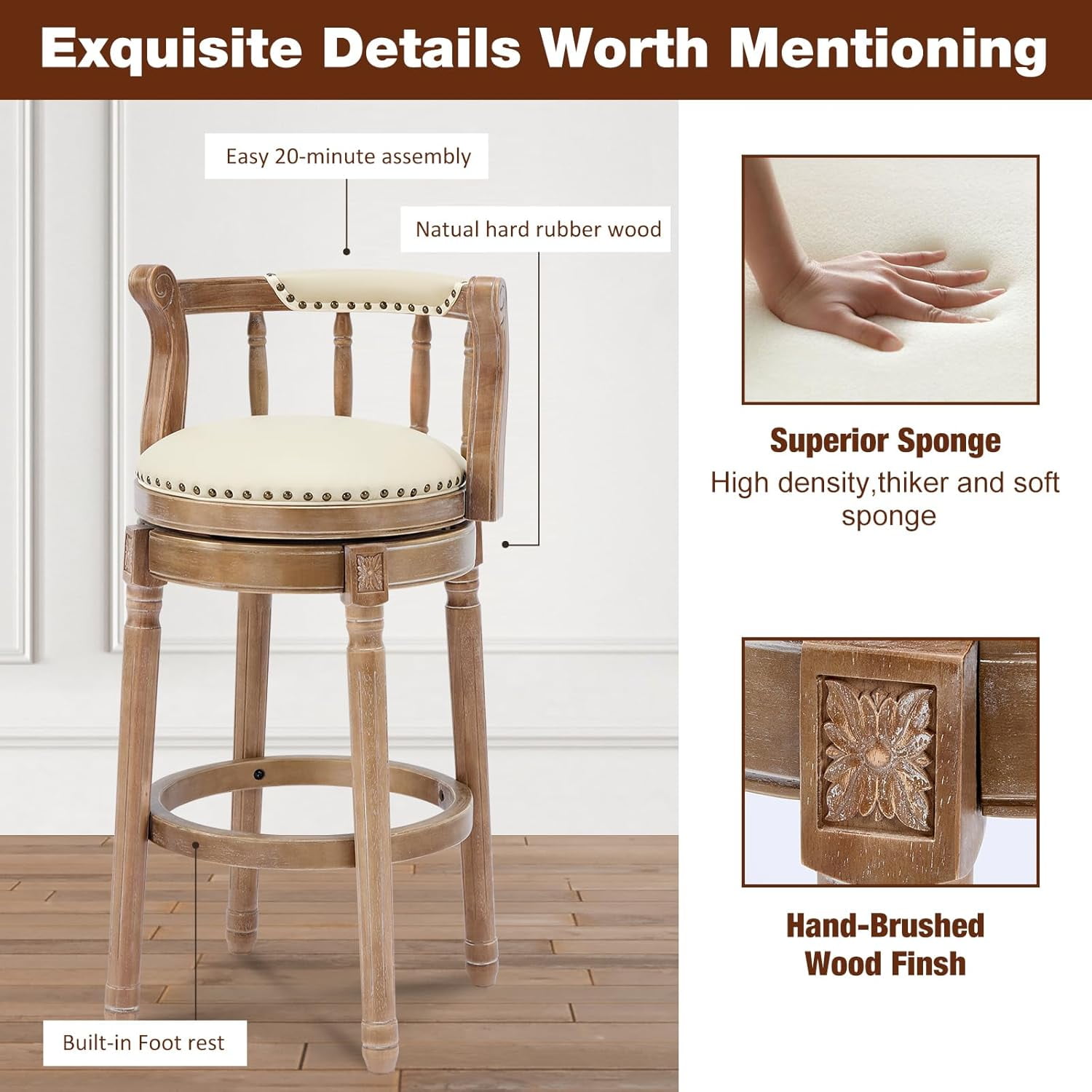 Aulife Bar Stools Genuine Leather Counter Height barstool Wooden Swivel kitchen Stool with Footrest for Kitchen Dining Room