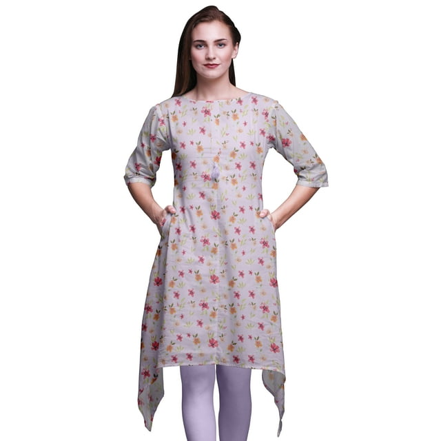 Bimba Kurti Asymétrique à Imprimé Floral Feuilles Violettes et Primevère pour Femmes Robe d'Été Indienne Tunique Très Grand