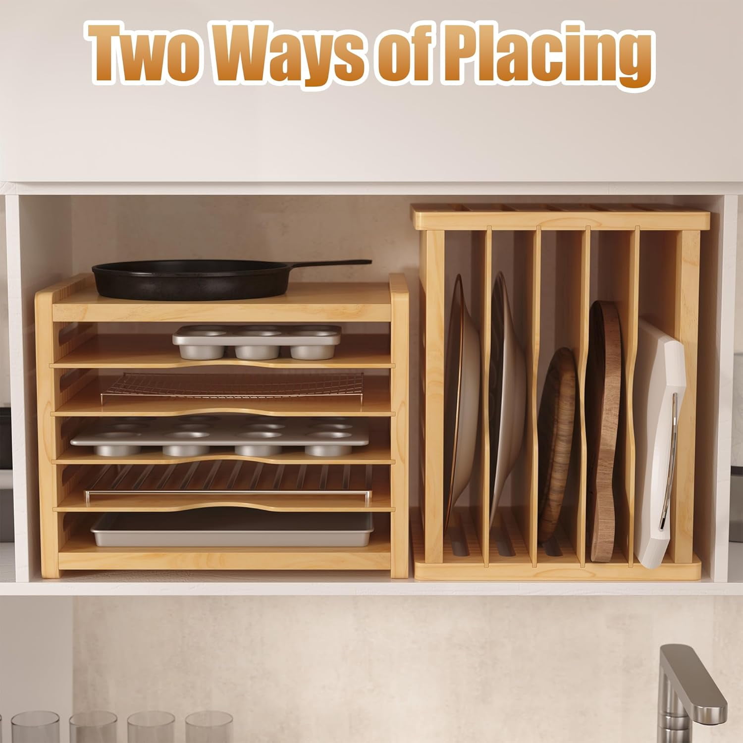 Gtouse Wooden Cabinet Tray Dividers, 6 Tier Kitchen Cookie Sheet Organizer for Pots, Pans, Baking Tray, Cutting Board