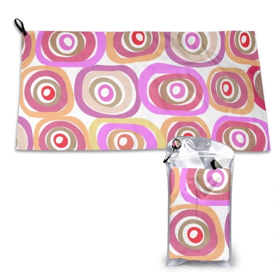 YFYANG Adult Microfiber Portable Travel Towel, Retro Abstract Circle Pattern Quick Dry Towel with Hiking Buckle PVC Pouch, 16" x 31.5"