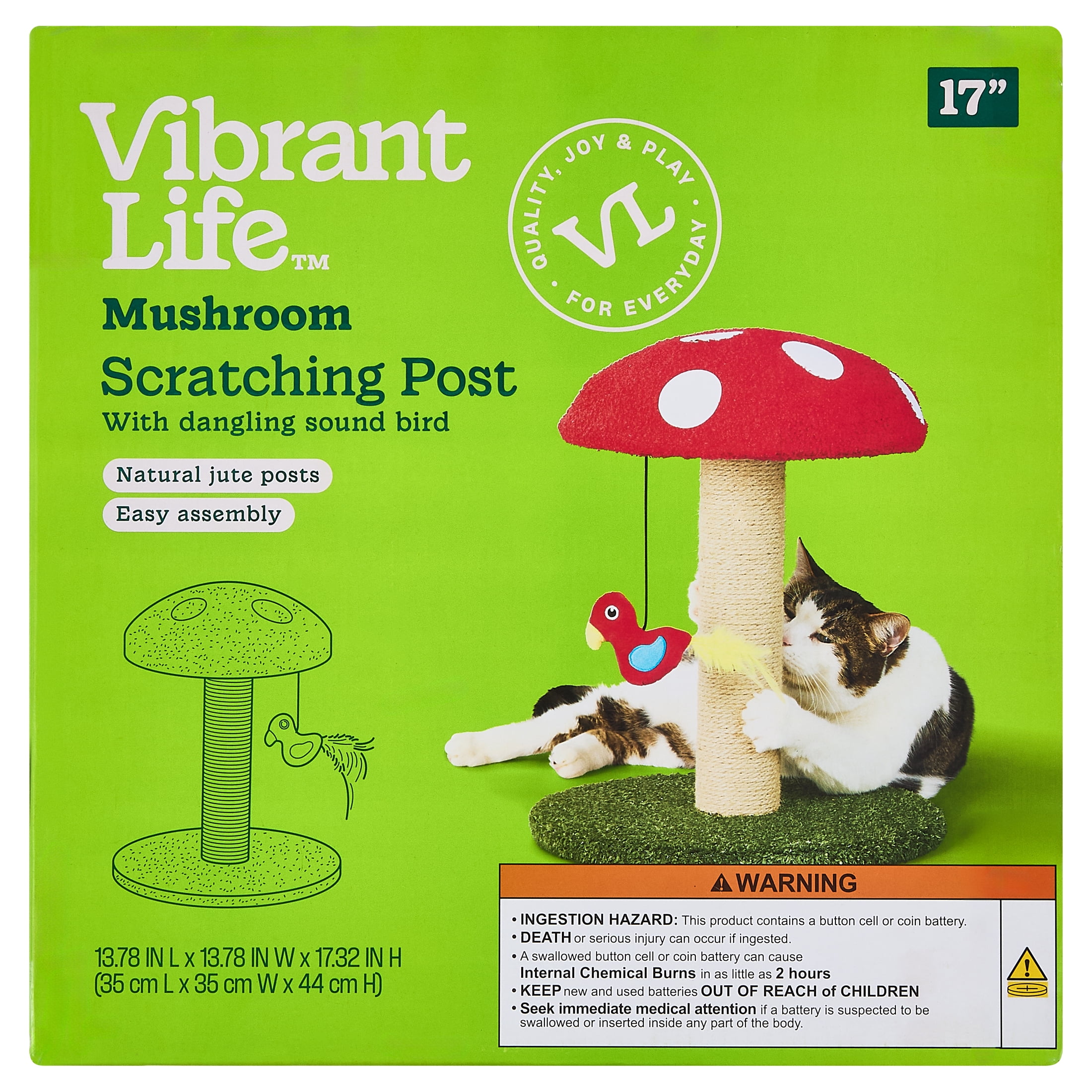 Vibrant Life Deluxe Jute Mushroom Cat Scratching Post with Dangling Bird Toy, Multicolor