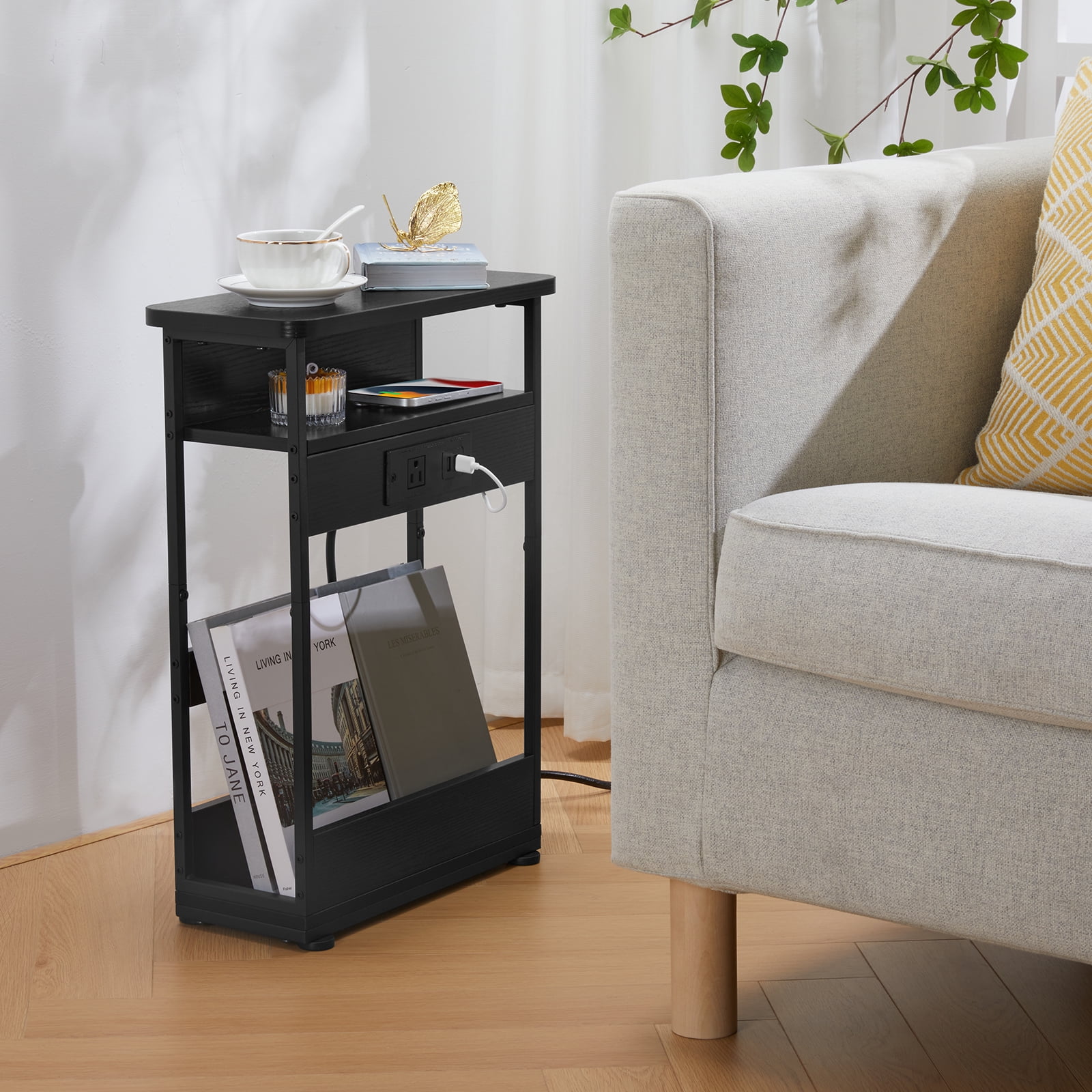 Narrow Side Table with Charging Station, 3 Tier Slim End Table with Storage Shelf for Small Spaces, 21.6 Inch Height Thin Tables Small Nightstand Magazine Rack for Living Room,Black