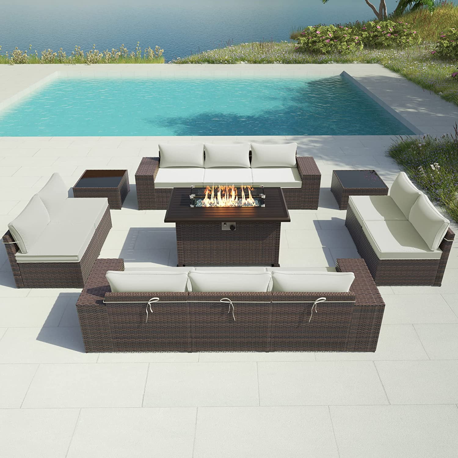 ALAULM 13 Piece Large Outdoor Furniture Set, 10 Seater Wicker Patio