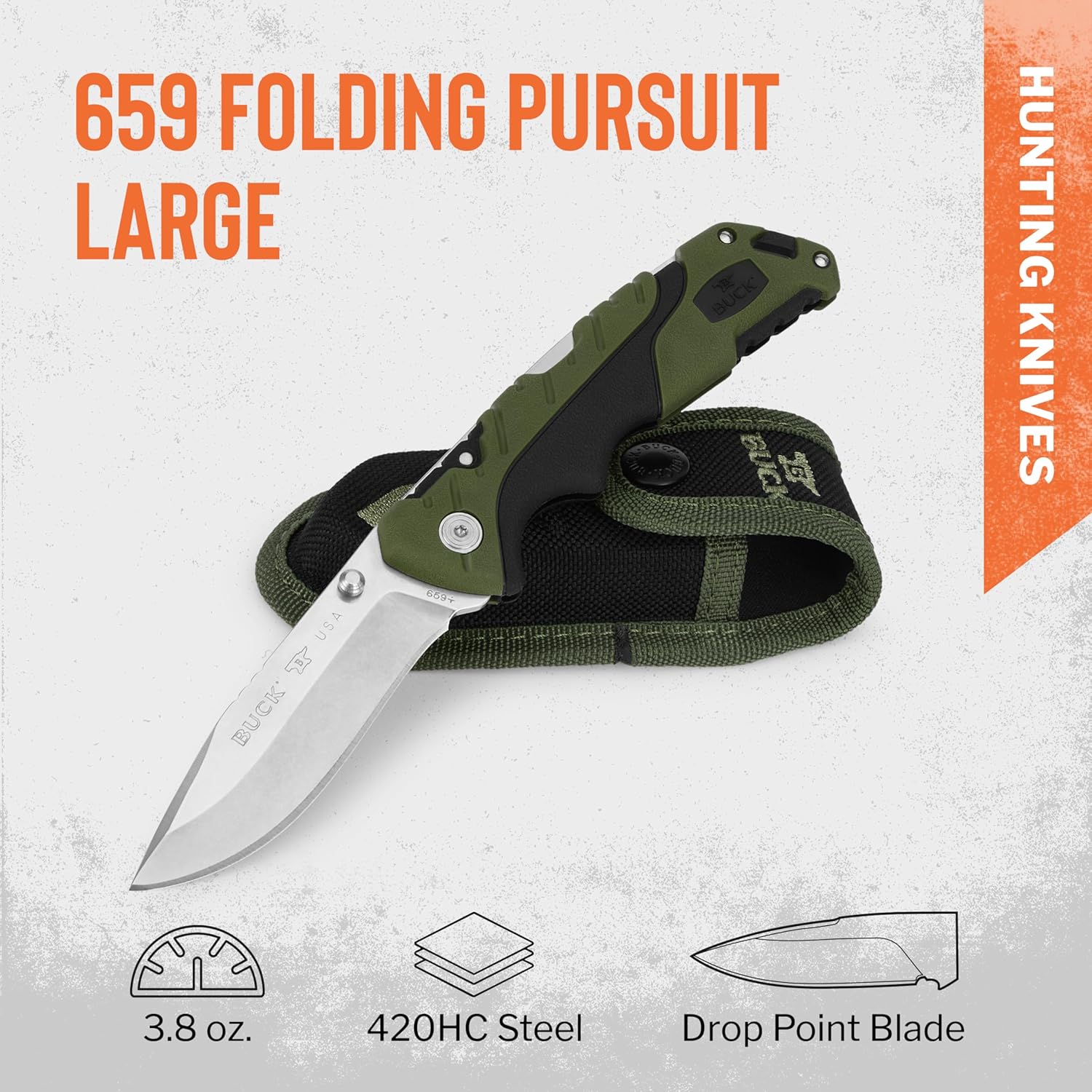 Buck Knives 659 Large Folding Pursuit Hunting Knife, 3-5/8" Blade, Nylon Handle, Green, 3.8 oz