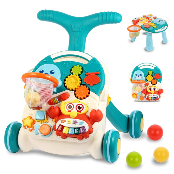 LivinVeluris 2-in-1 Baby Walker & Activity Center –Musical Learning Walker for Infants & Toddlers–Sit-to-Stand Push Toy with Lights, Sounds & Early Development Toys –Aqua Blue Gift for Girls & Boys