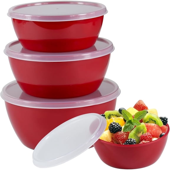 Set of 4 Pcs Mixing Bowls Set,Plastic Neat Nesting Bowls with Sealing Lids,4 Size Red Round Bowl Holds for Kitchen Preparing,Serving and Storing