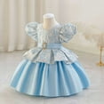 thumbnail image 6 of Delliss Girls Vintage Crew Neck Bubble Sleeve Trendy Princess Dress Blue 12 Months, 6 of 6