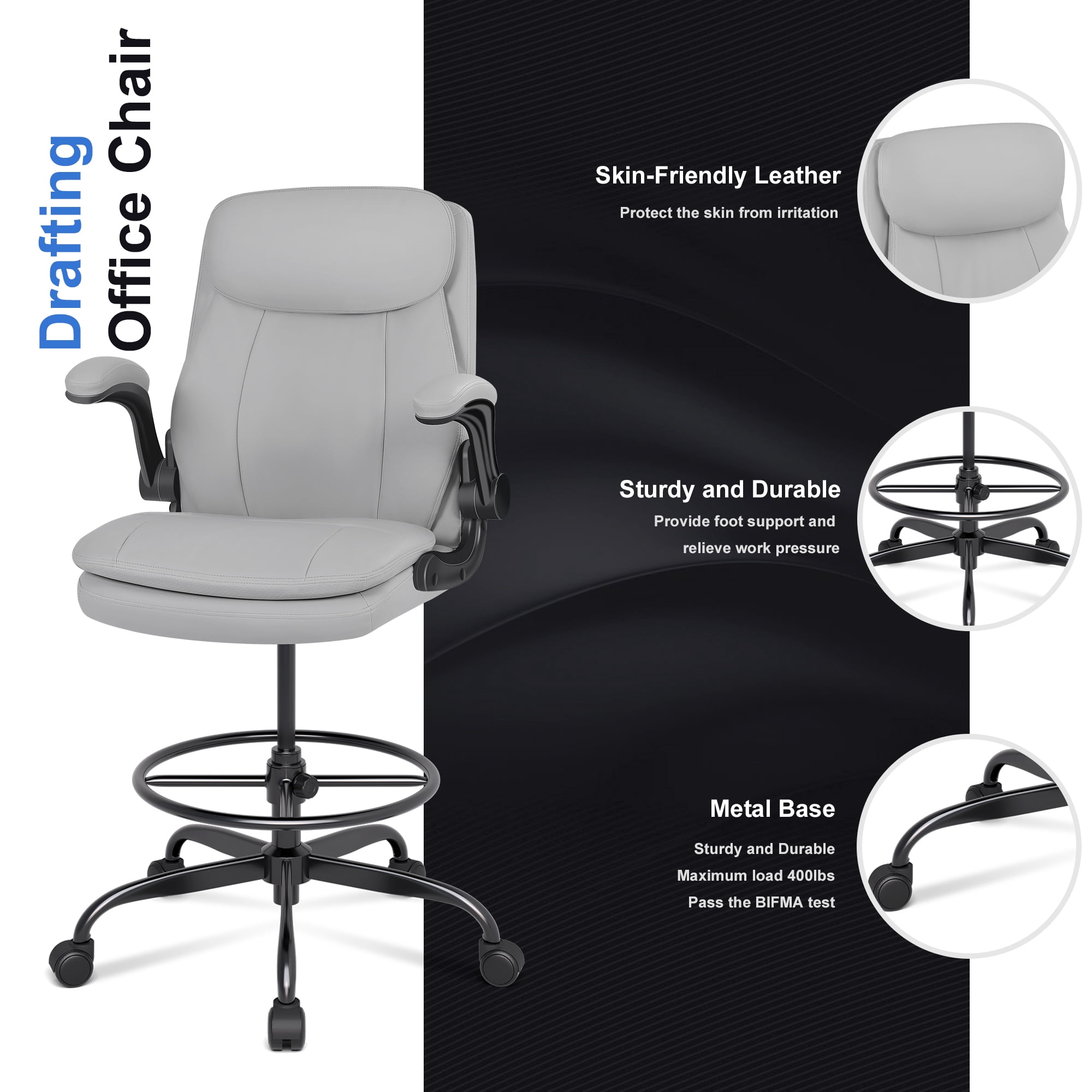 Misolant Tall Office Chair, Drafting Chair for Standing Desk, Executive Chair with Adjustable Height and Flip-up Armrest, Leather Drafting Chair, High Office Chair for Counter Height Desk