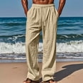 thumbnail image 3 of Dwellite Mens Cotton Linen Pants Summer Beach Pants Casual Loose Fit Elastic Waist Drawstring Pant with Pockets Khaki L, 3 of 5