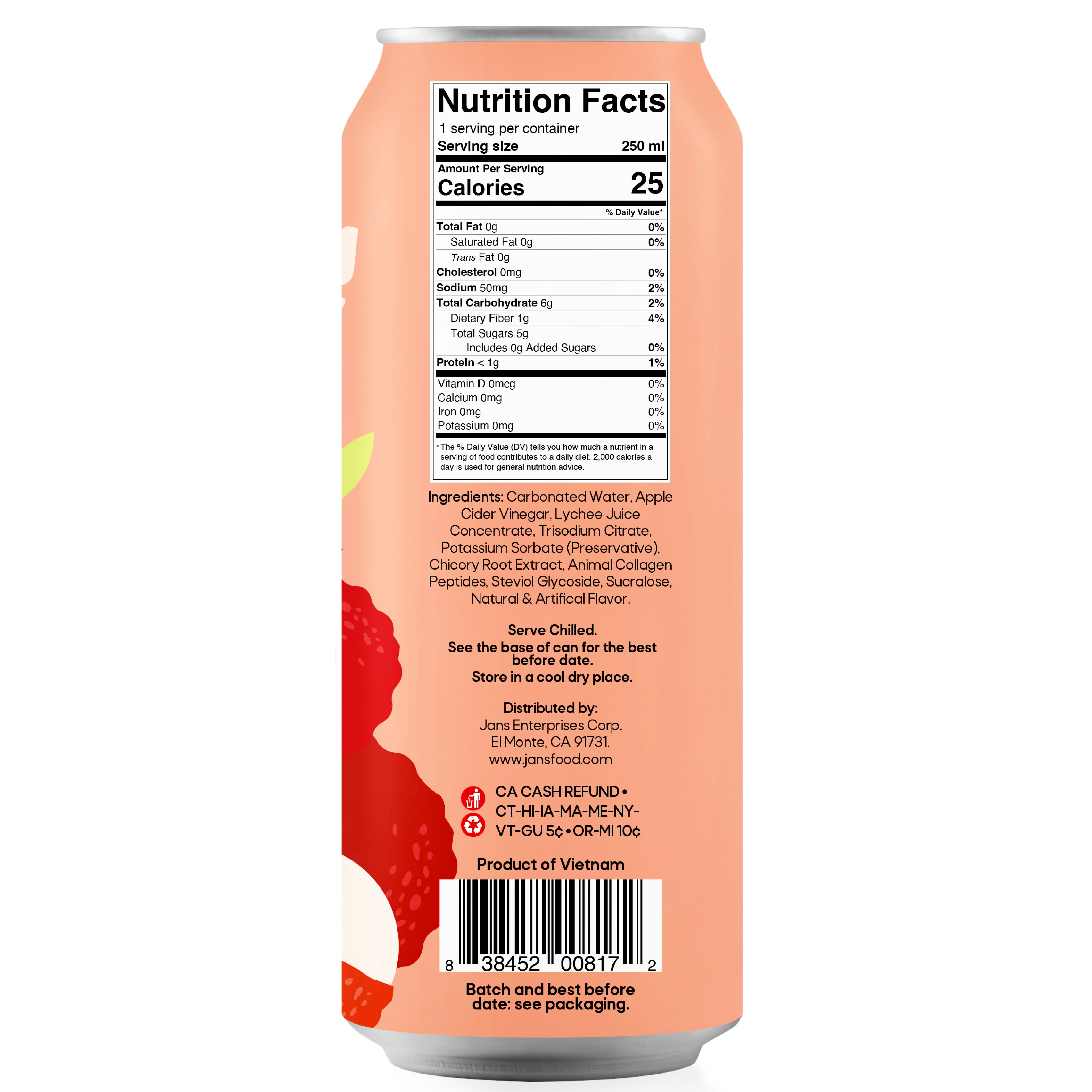 Jans Sparkling Prebiotic Soda Beverage, 8.4 oz Cans – Low Calorie, No Added Sugar – Non-GMO Sparkling Fruit Beverage – Gut Health Support – Naturally Refreshing (6-Pack, Lychee with Collagen)