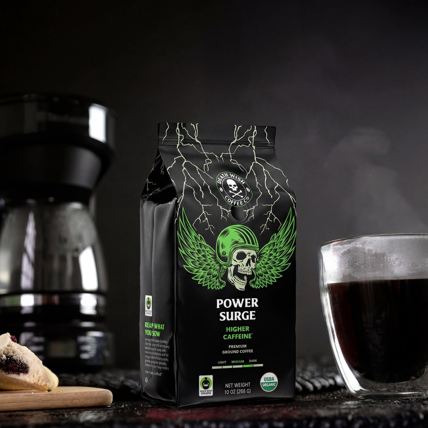 Death Wish Coffee, Organic and Fair Trade, Power Surge, High Caffeine, Ground Coffee, 10 oz Bag