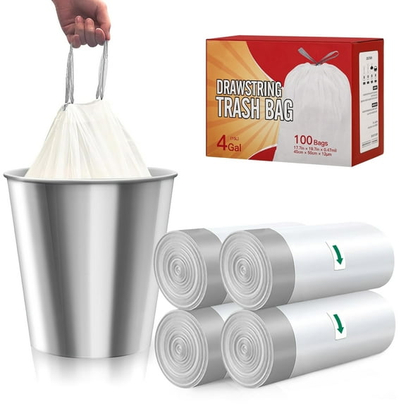 4 Gallon Drawstring Trash Bags 12μm - 100 Count,White & Grey, Tear-Resistant Garbage Bags Suit for most Small Trash Cans, Unscented White Wastebasket Liners for Bathroom, Office & Bedroom