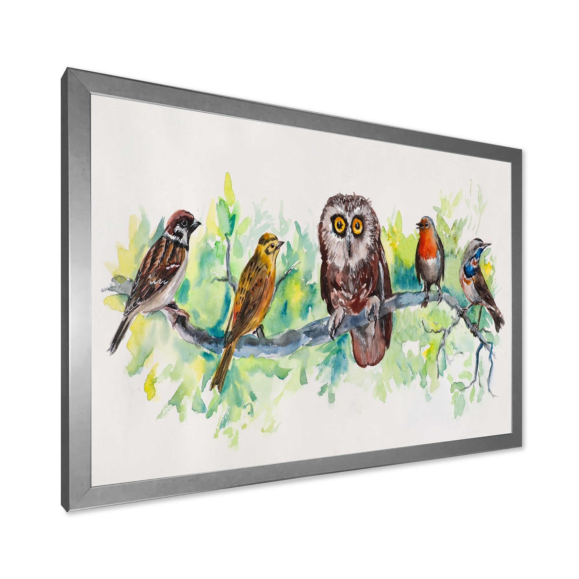 Designart 'Bird Friends With Owl On A Branch' Traditional Framed Art Print
