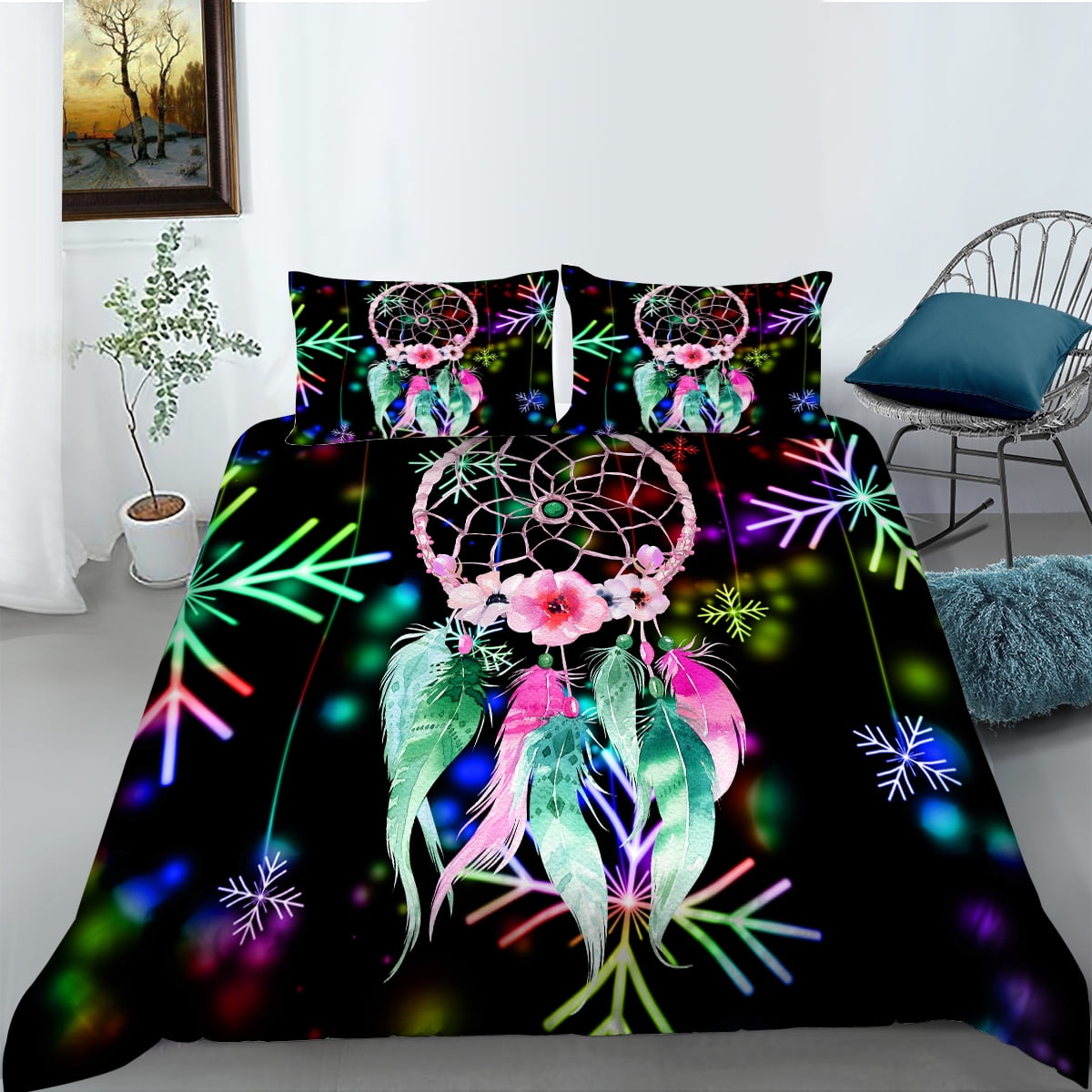Dream Catcher Comforter Set,Boho Chic Dreamcatcher Feather Bedding Set