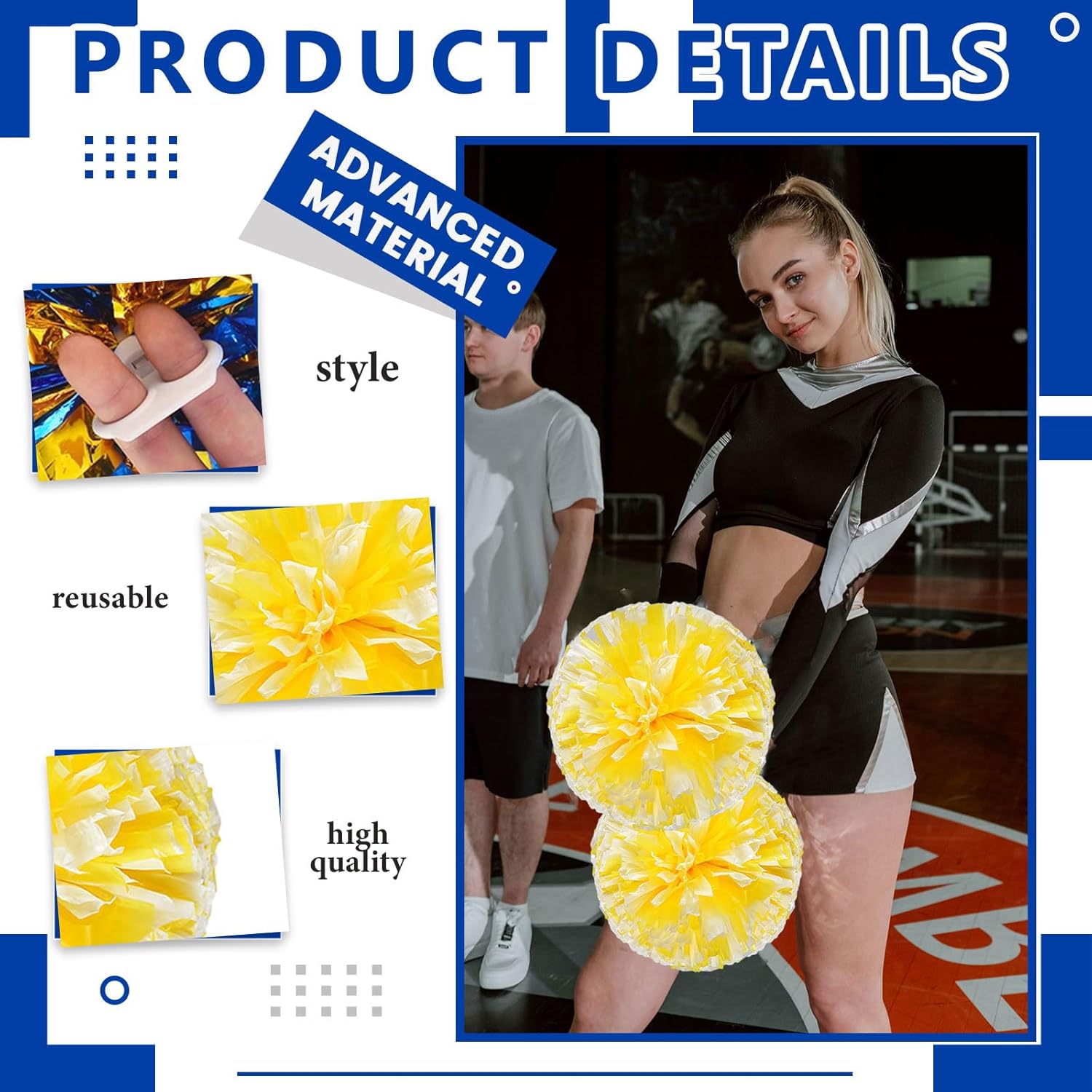 Cheerleader Pom Poms 12 Pack Sports Dance Cheering Plastic Metallic Cheerleading Pom Poms for Kids Adults-Ring Style