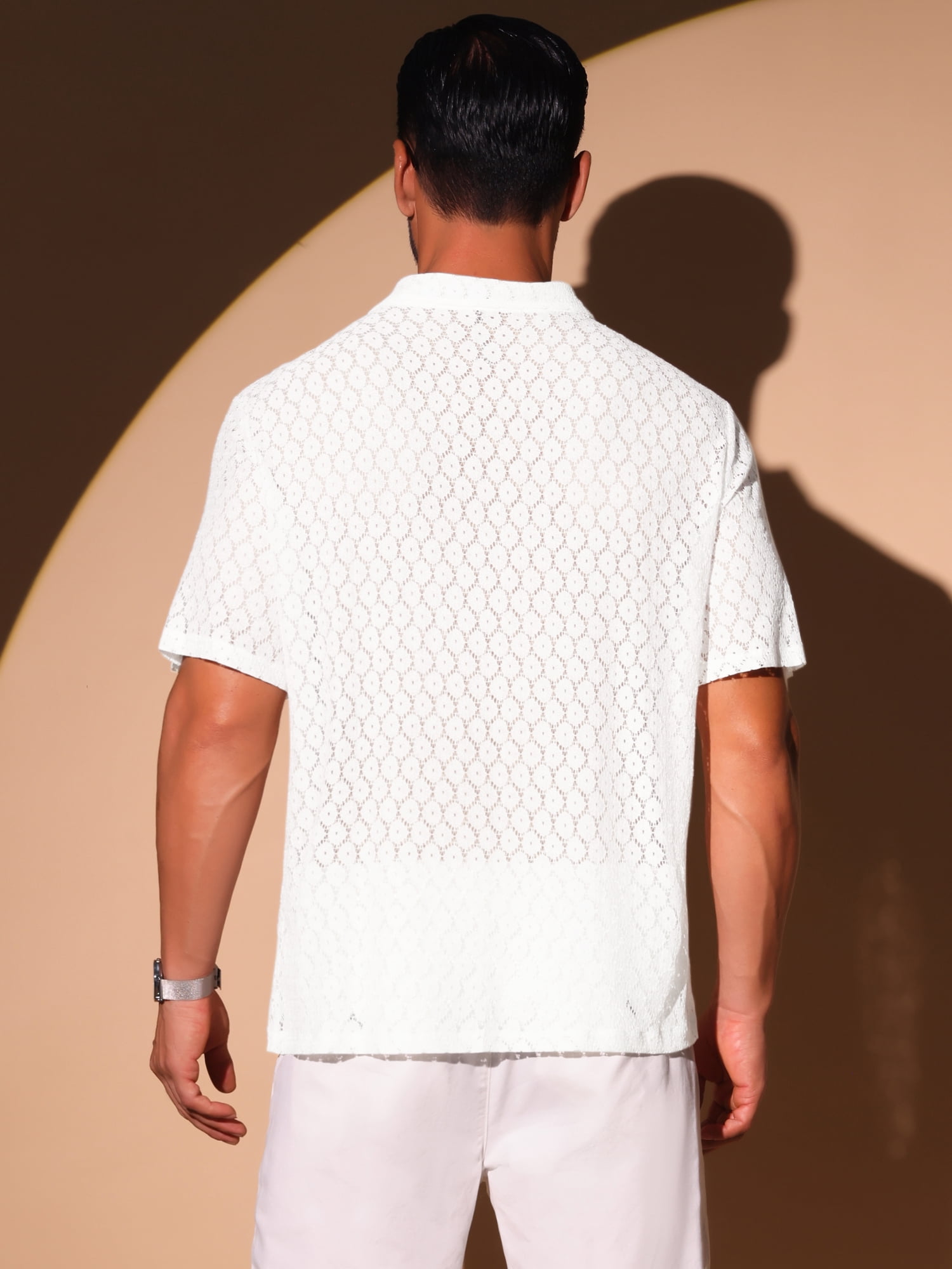 DARING DIVA Men's Sheer Hollow Lace Button Down Disco Party Shirt XL White